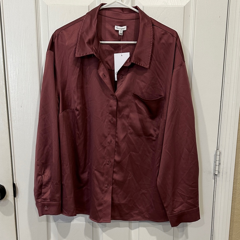 love, Fire Satin Button-Up Blouse in Burgundy